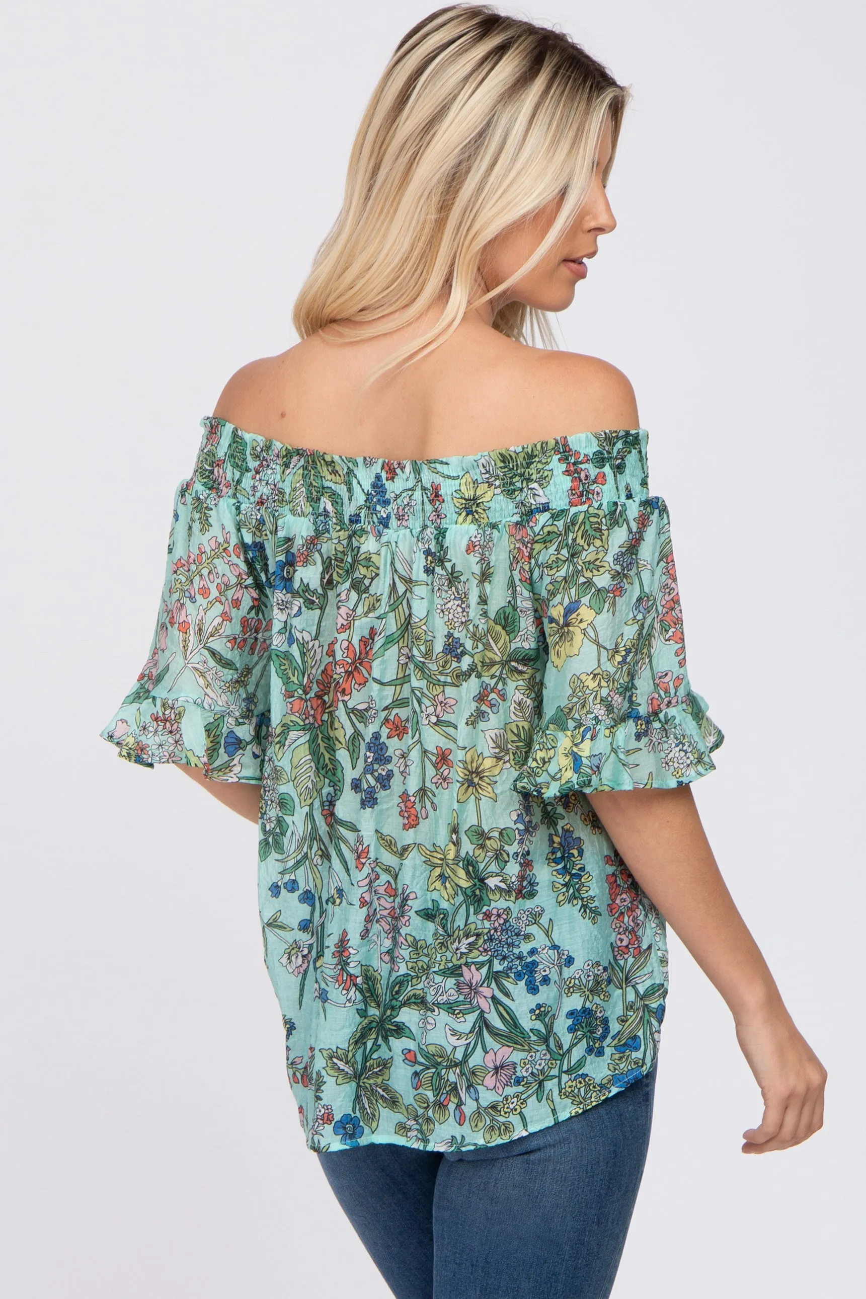 Aqua Floral Smocked Off Shoulder Top