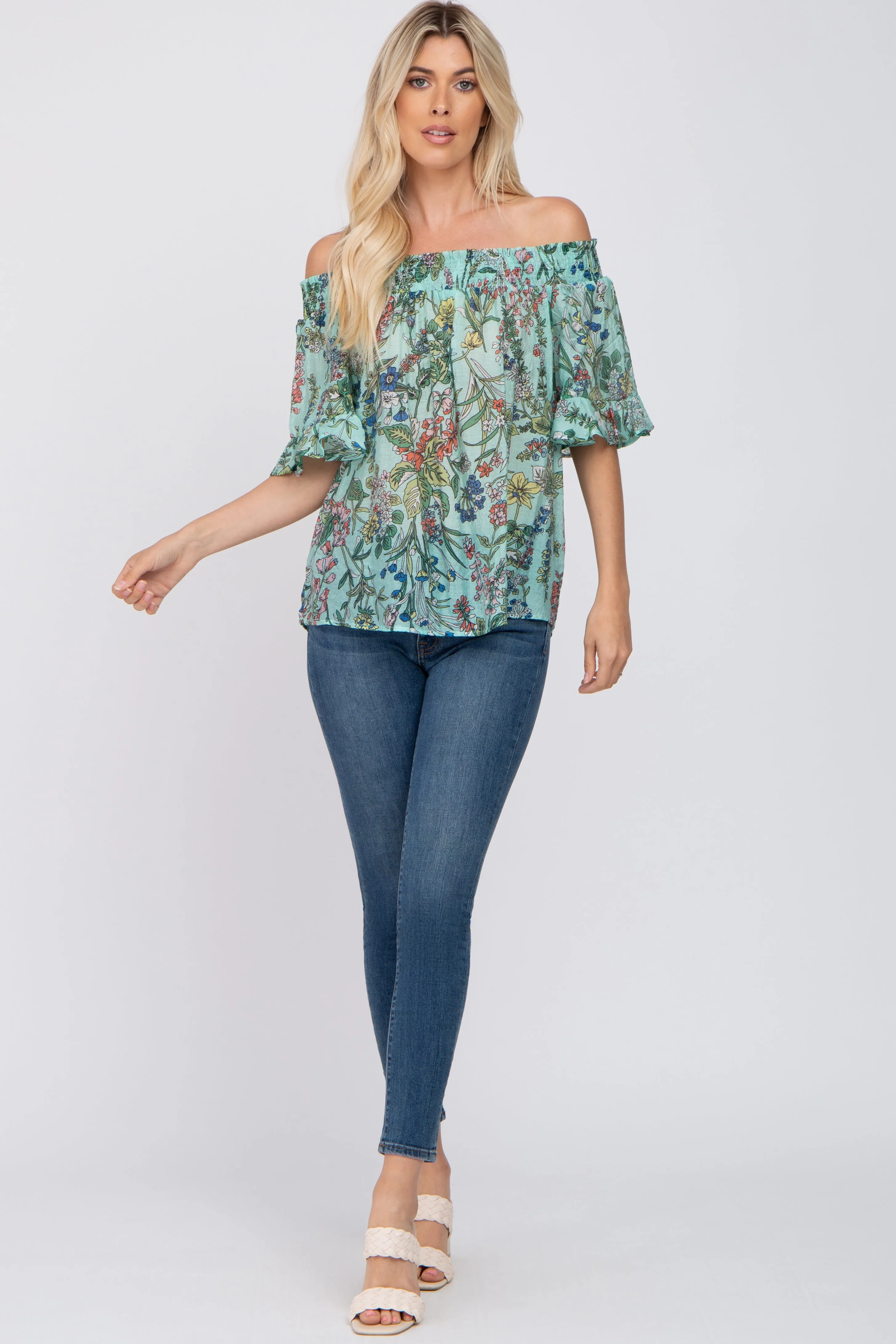 Aqua Floral Smocked Off Shoulder Top