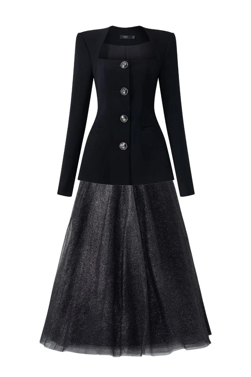 BLACK LONG SLEEVE TRAPEZOID NECKLINE BLAZER AND SKIRT SET