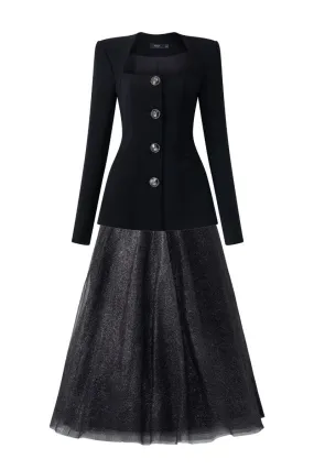 BLACK LONG SLEEVE TRAPEZOID NECKLINE BLAZER AND SKIRT SET