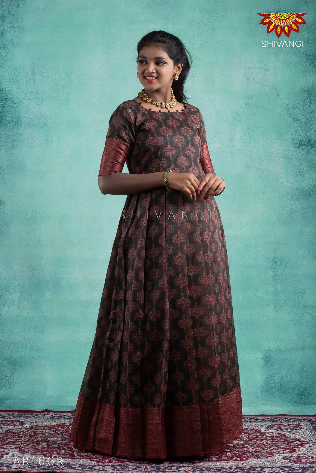 Girls Green Black Morracan Long Gown