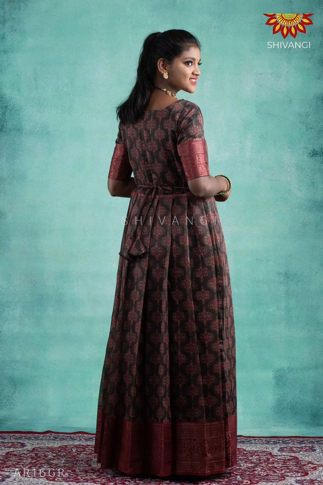Girls Green Black Morracan Long Gown