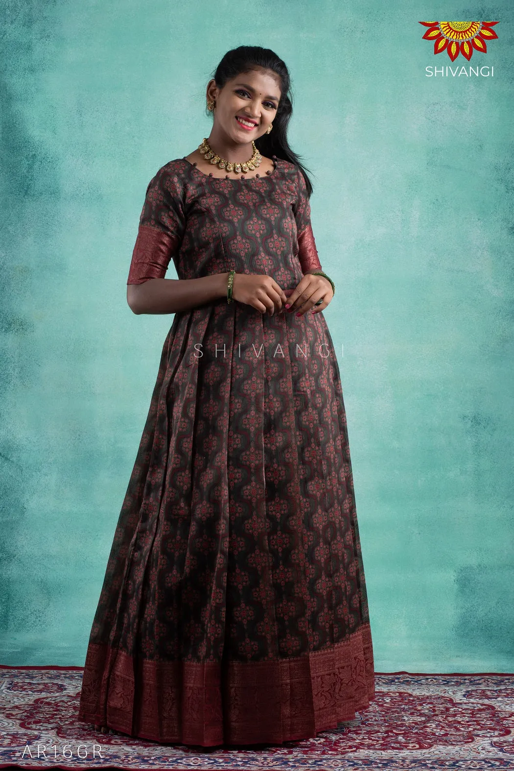 Girls Green Black Morracan Long Gown
