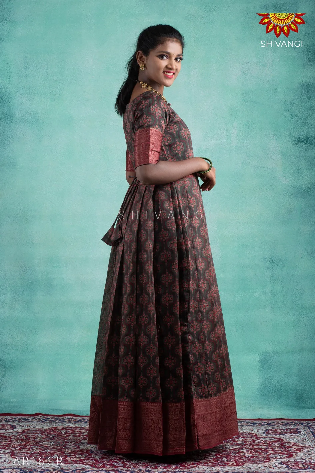 Girls Green Black Morracan Long Gown