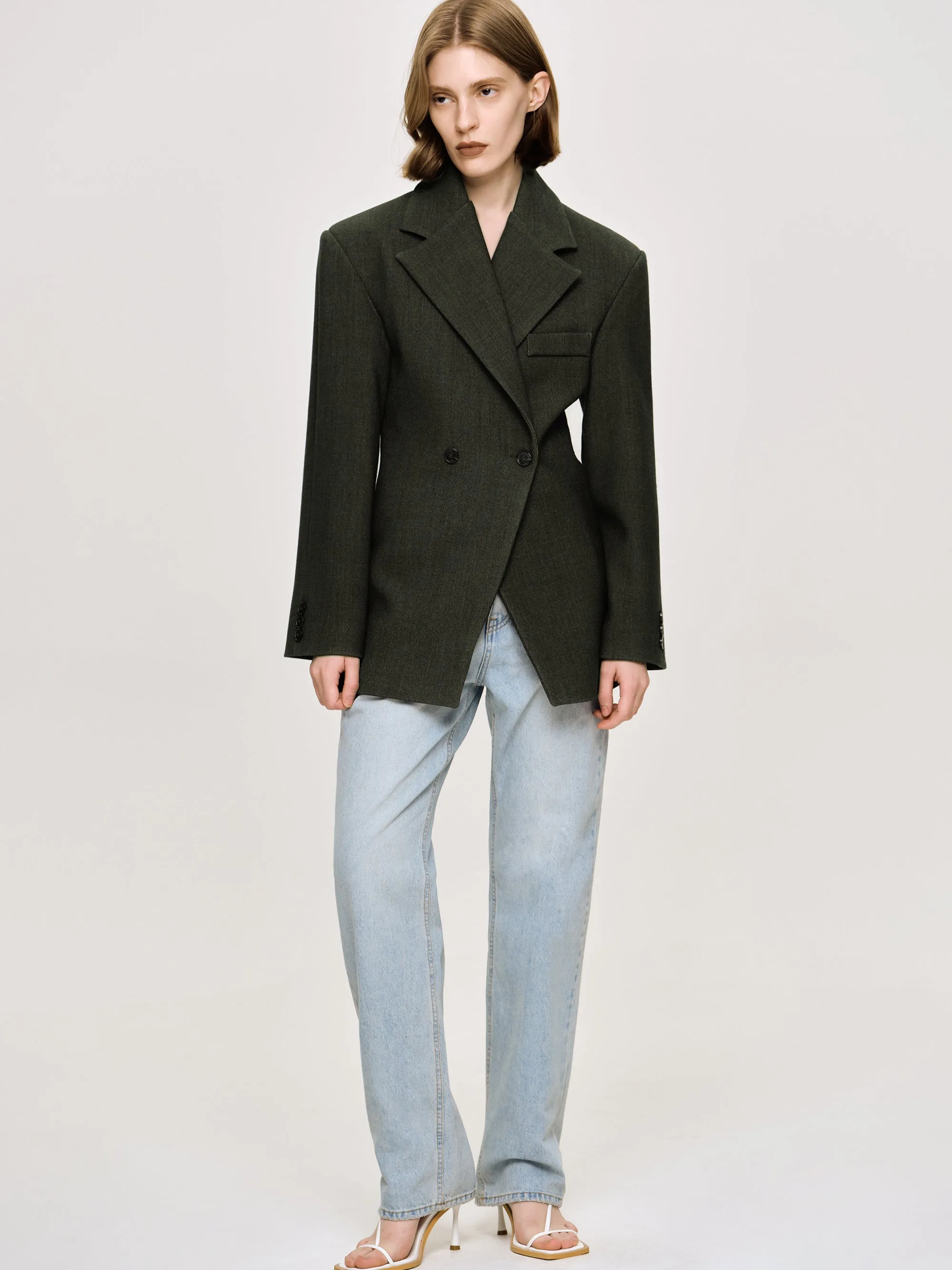 Nangy Double Breasted Cinched Blazer, Charcoal Grey