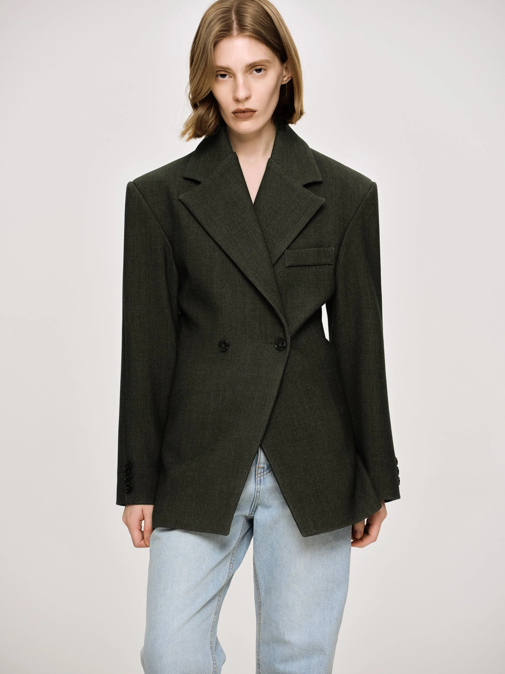 Nangy Double Breasted Cinched Blazer, Charcoal Grey