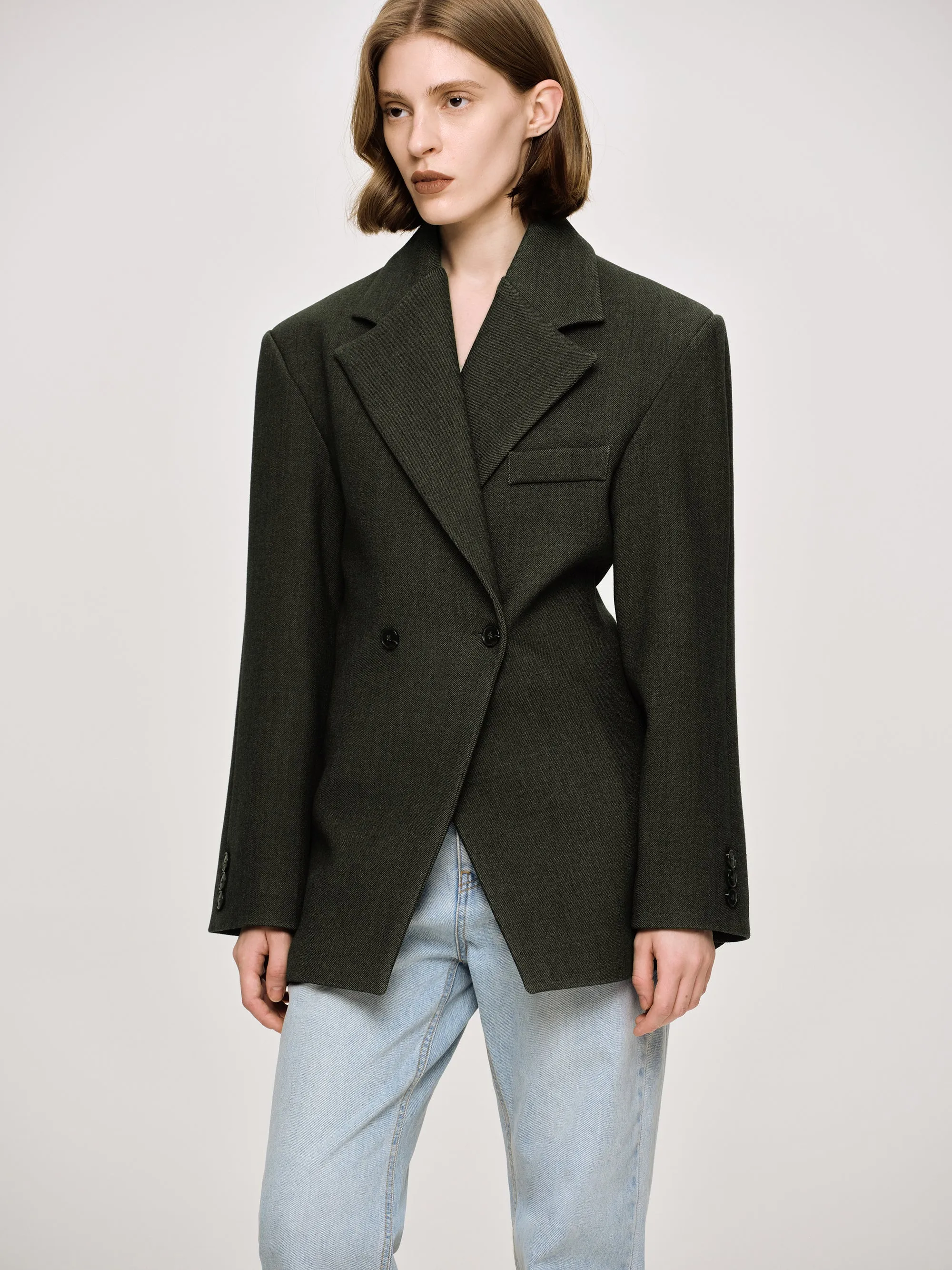 Nangy Double Breasted Cinched Blazer, Charcoal Grey