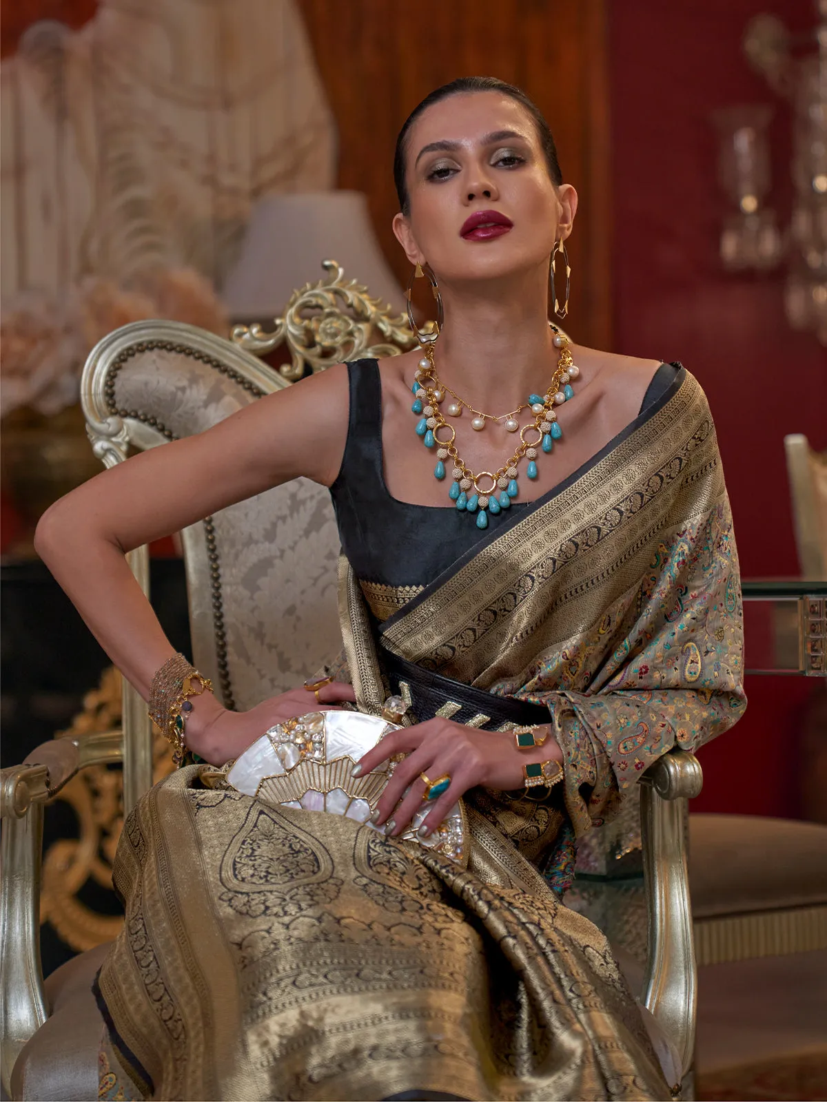 Odette Women Grey Modal Woven Saree With Unstitched Blouse